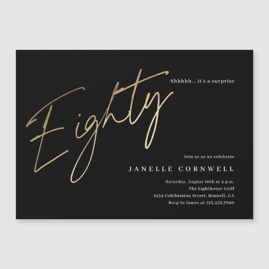 ミニマルなスクリプトブラックと金ゴールド80誕生日 マグネット招待状 (正面)
