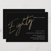 ミニマルなスクリプトブラックと金ゴールド80誕生日 招待状 (正面/裏面)