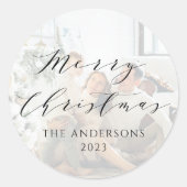 ミニマルなスクリプトメリークリスマスフォトオーバーレイ ラウンドシール (正面)