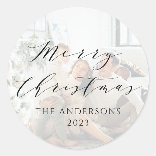 ミニマルなスクリプトメリークリスマスフォトオーバーレイ ラウンドシール (正面)