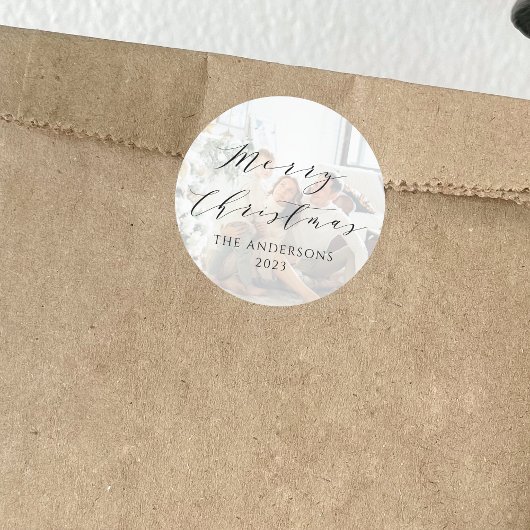 ミニマルなスクリプトメリークリスマスフォトオーバーレイ ラウンドシール