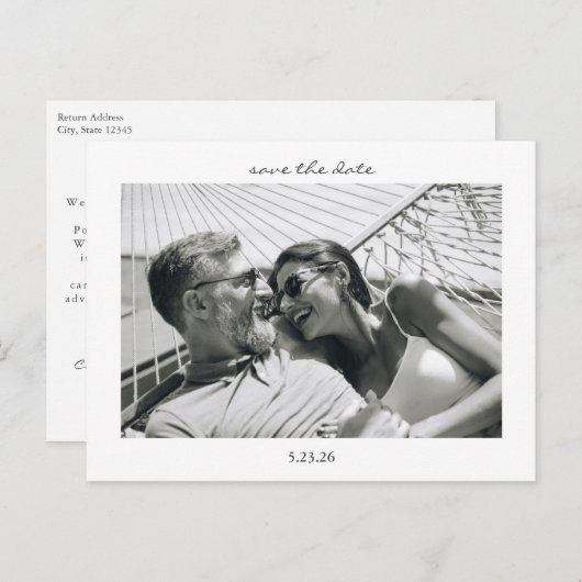 ミニマルなスクリプトレタリング写真の日付の保存 案内ポストカード (正面/裏面)