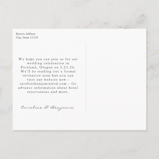 ミニマルなスクリプトレタリング写真の日付の保存 案内ポストカード (裏面)