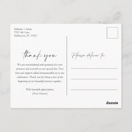 ミニマルなスクリプト写真結婚の皆様に感謝 ポストカード (裏面)