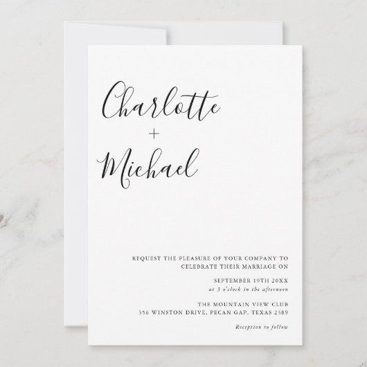 ミニマルなスクリプト白黒の写真結婚の数 招待状 (正面)