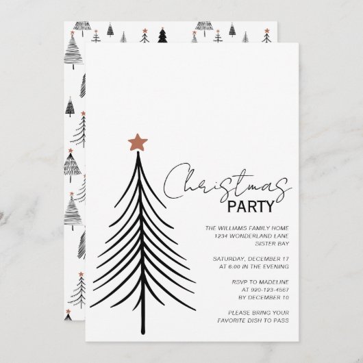 ミニマルなスクリプト白黒クリスマスパーティー 招待状 (正面/裏面)