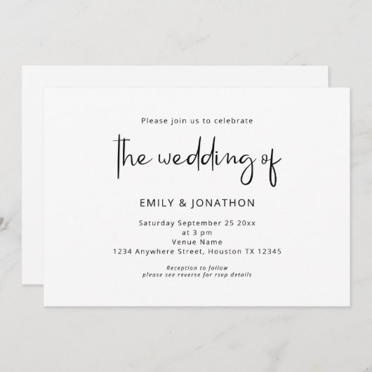 ミニマルなスクリプト白黒QRコー結婚ド 招待状 (正面/裏面)