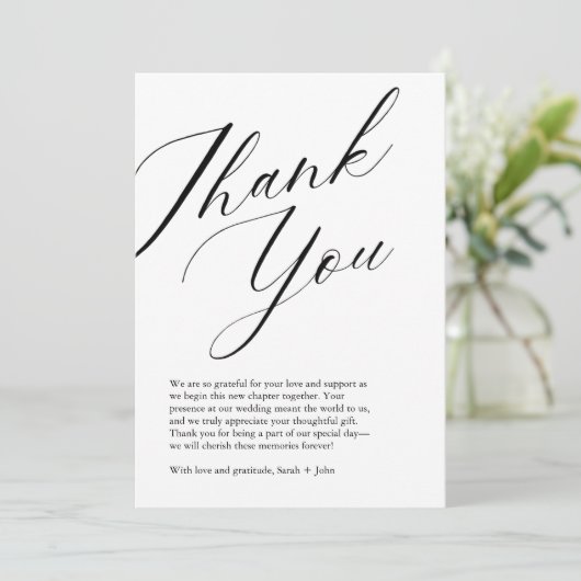 ミニマルなスクリプト結婚写真のサンキューカード サンキューカード (スタンド正面)