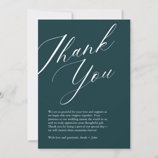 ミニマルなスクリプト結婚写真のサンキューカード サンキューカード (正面)