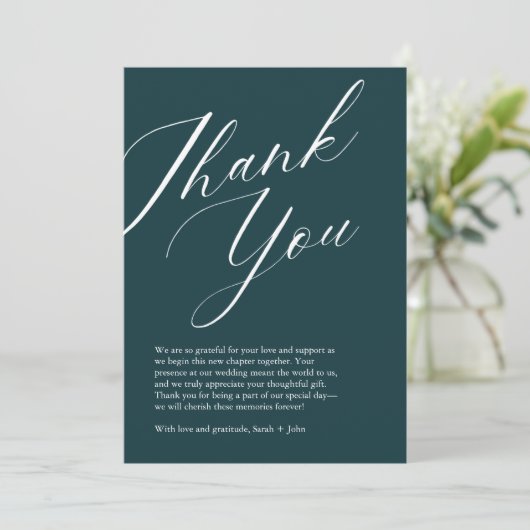 ミニマルなスクリプト結婚写真のサンキューカード サンキューカード (スタンド正面)