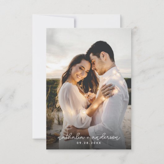 ミニマルなスクリプト結婚写真のフラット サンキューカード (裏面)