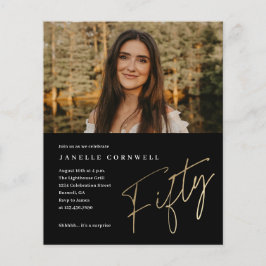 ミニマルなスクリプト金ゴールド50thフォト誕生日招待状