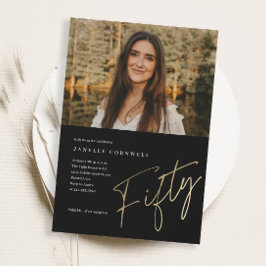 ミニマルなスクリプト金ゴールド50thフォト誕生日 マグネット招待状