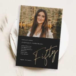 ミニマルなスクリプト金ゴールド50thフォト誕生日 招待状