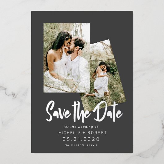 ミニマルなスクリプト2枚の写真の日付フォイルを保存 箔招待状 (正面)