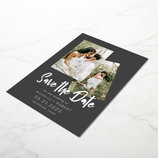 ミニマルなスクリプト2枚の写真の日付フォイルを保存 箔招待状 (回転した状態)