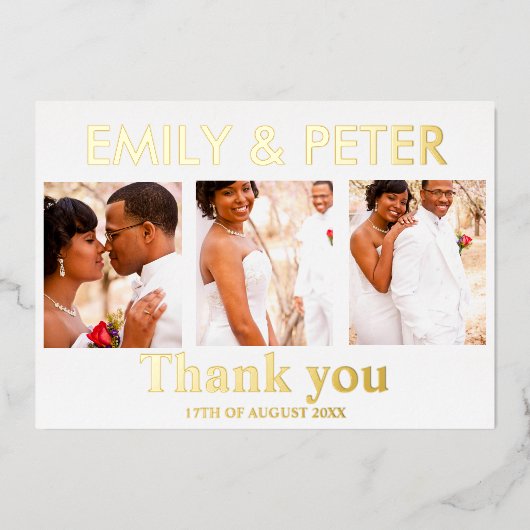 ミニマルなスクリプト4枚の写真 結婚式の感謝カード 箔招待状 (正面)