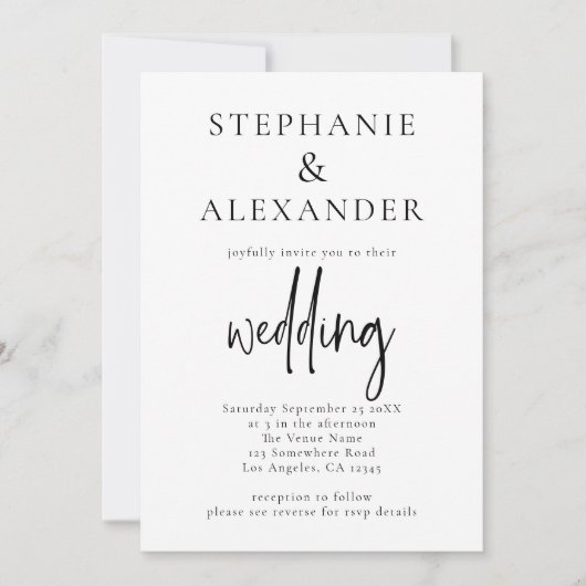 ミニマルなスクリプトQRコ結婚ードの任意の色 招待状 (正面)