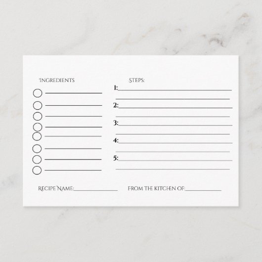 ミニマルなスタイルの結婚前お茶会のレシピ募集カード エンクロージャーカード (正面)