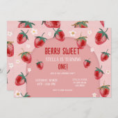 ミニマルなストロベリーベリー誕生日 招待状 (正面/裏面)
