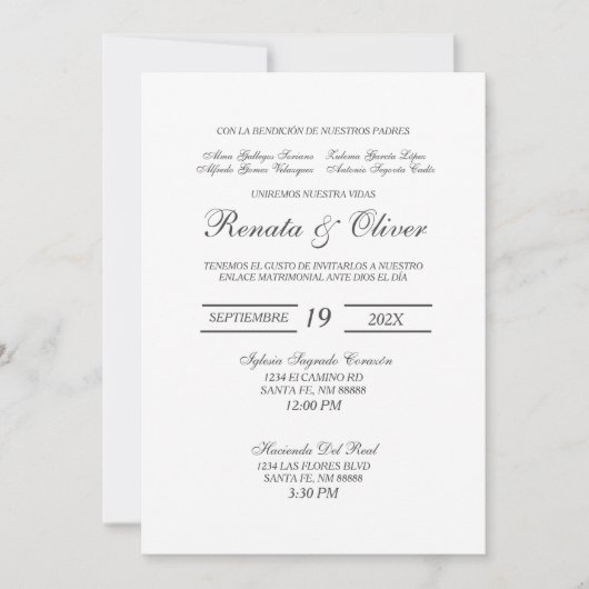 ミニマルなスペイン語の結婚式招待状 招待状 (正面)