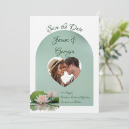 ミニマルなソフトピンク&グリーンロータスの日付を保存 招待状