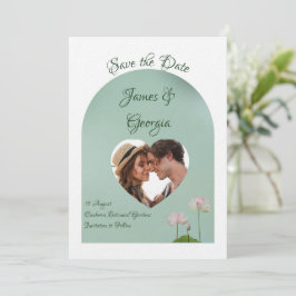 ミニマルなソフトピンク&グリーンロータスの日付を保存 招待状