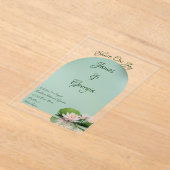 ミニマルなソフトピンク&グリーン結婚ロータス アクリル招待状 (レイダウン)