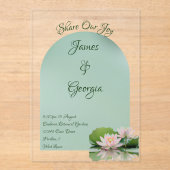 ミニマルなソフトピンク&グリーン結婚ロータス アクリル招待状 (正面)