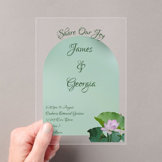 ミニマルなソフトピンク&グリーン結婚ロータス アクリル招待状 (インサイチュ (ポータブル))