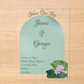 ミニマルなソフトピンク&グリーン結婚ロータス アクリル招待状 (正面)