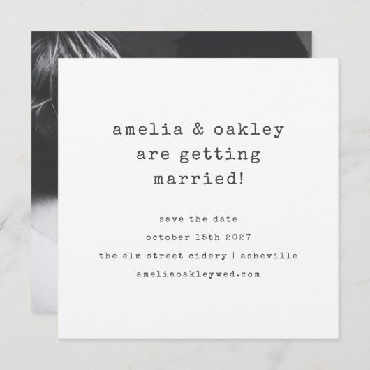 ミニマルなタイプライターのブラック・クラフト結婚の写真 セーブザデート (正面/裏面)