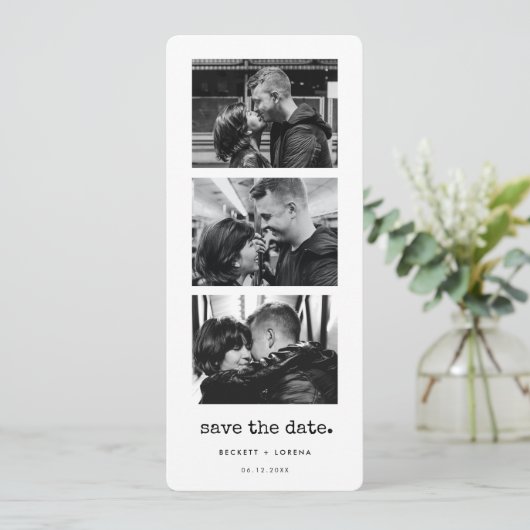 ミニマルなタイプライターフォトストリップデートを保存 案内状 (スタンド正面)