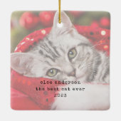 ミニマルなタイプライター猫の初めてのクリスマス写真 セラミックオーナメント (裏面)
