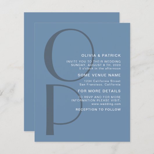 ミニマルなタイポグラフィーのモノグラム結婚式招待状 (正面/裏面)