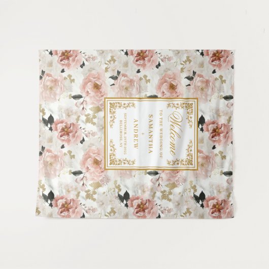 ミニマルなダスティピンクアイボリー結婚フローラのバナー タペストリー (正面(横))