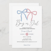 ミニマルなダスティピンクブルーリボンジェンダーの発表 招待状 (正面/裏面)