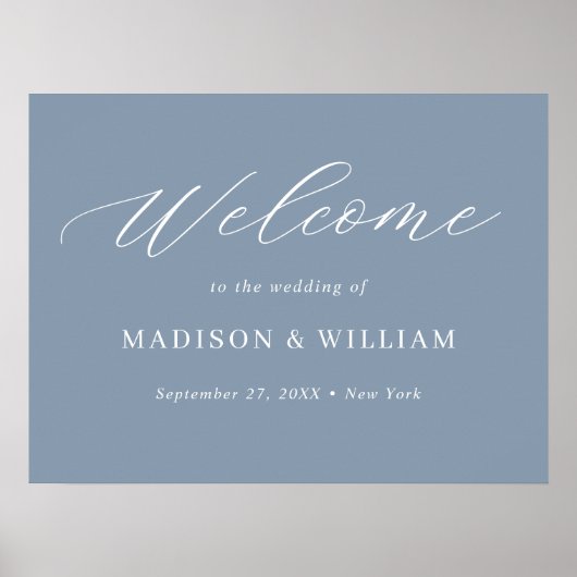 ミニマルなダスティブルースクリプト結婚のウェルカムサイン ポスター (正面)