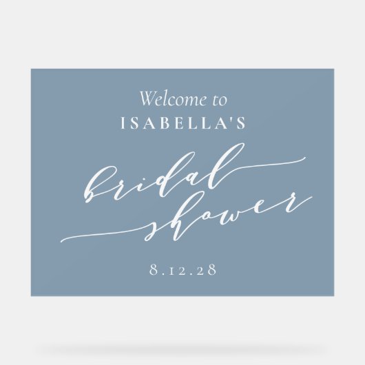 ミニマルなダスティーブルーのウェディングシャワーウェルカム アクリルサイン (正面)