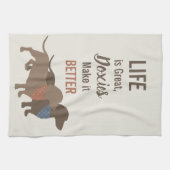 ミニマルなダックスフントのシルエットのカスタムな引用文 キッチンタオル (横)