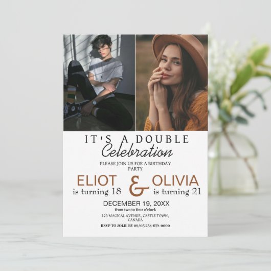 ミニマルなダブルフォトバースデーパーティー 招待状 (スタンド正面)