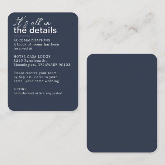 ミニマルなダークネイビー結婚ブルー詳細 エンクロージャーカード (正面/裏面)