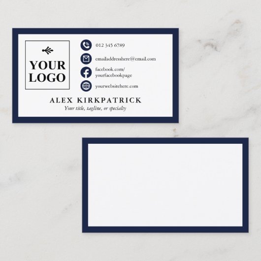 ミニマルなダークネイビー縁どブルーアイコンとロゴ 名刺 (正面/裏面)