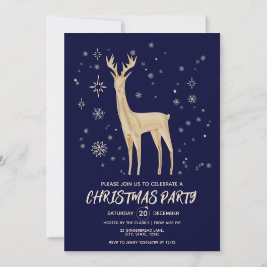 ミニマルなダークブルーと金ゴールドエレガントディアクリスマス 招待状 (正面)