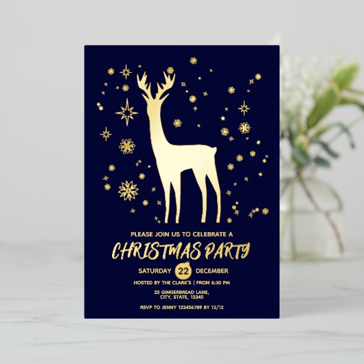 ミニマルなダークブルーと金ゴールドエレガントディアクリスマス 箔招待状 (立ち正面)