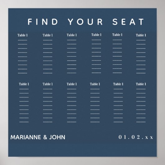 ミニマルなダークブルー2トーン結婚のシーティングチャート ポスター (正面)