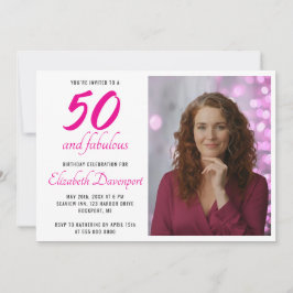 ミニマルなデザインでおしゃれな50歳の誕生日をお祝い ピンクのフォトバースデー 招待状