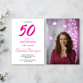 ミニマルなデザインでおしゃれな50歳の誕生日をお祝い ピンクのフォトバースデー 招待状