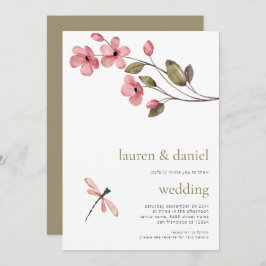 ミニマルなトンボのワイルドフラワーQRブルー結婚ズ 招待状