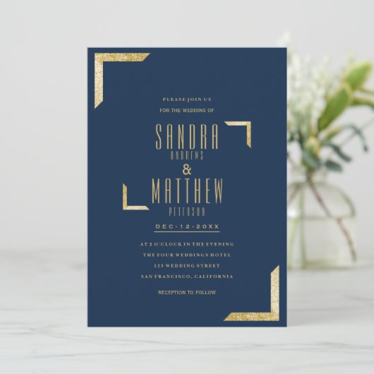 ミニマルなネイビーブルーグラーム金ゴールド結婚グリッター 招待状 (スタンド正面)